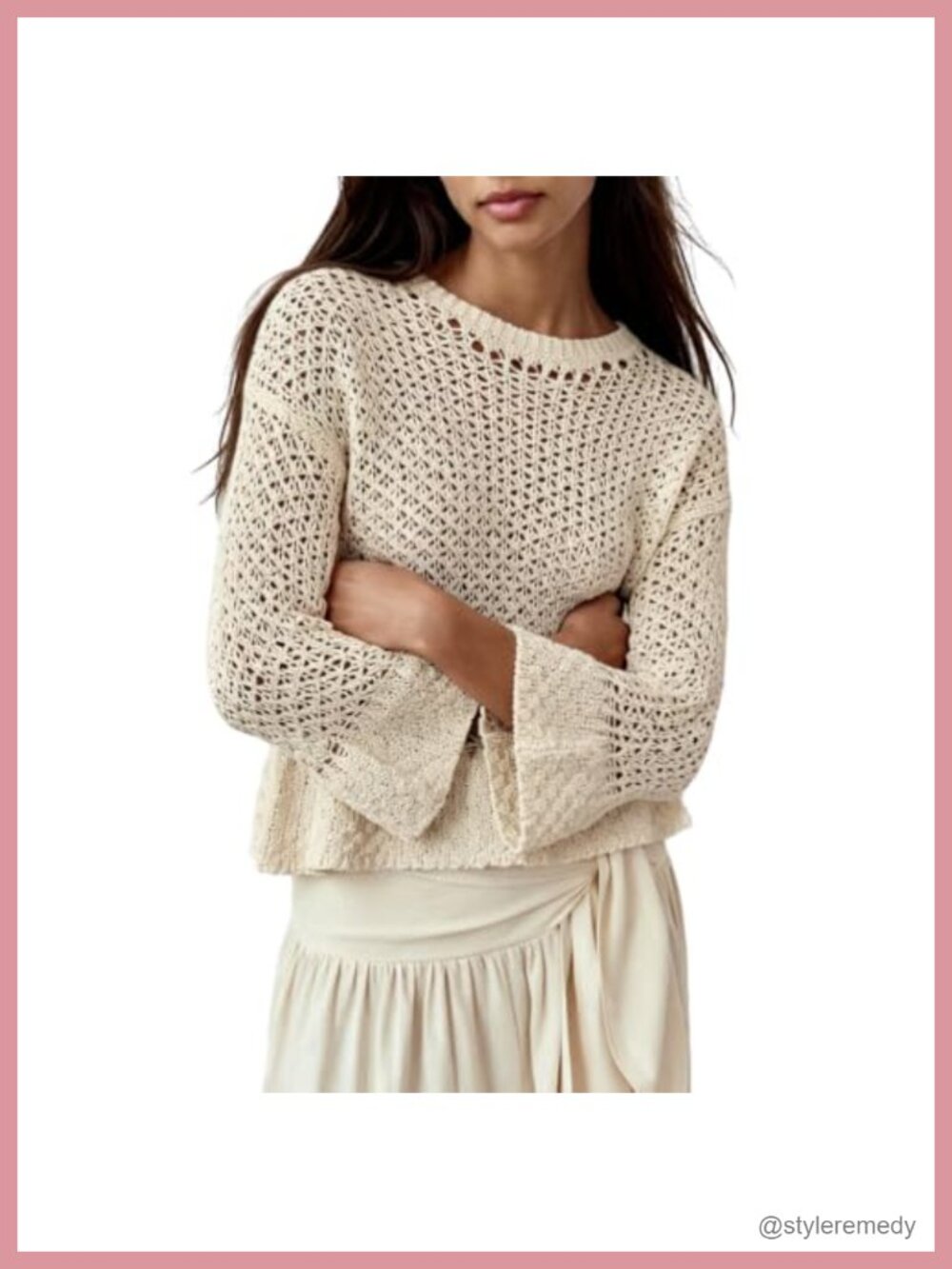 Womens Crochet Ruffle Sweater Crew Neck Pullover Peplum Knit Top